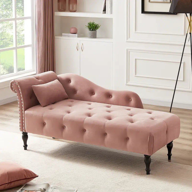 60.6 Velvet Upholstered Button Tufted Chaise Lounge Chair with Nailheads