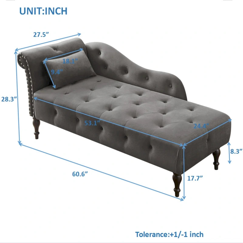 60.6 Velvet Upholstered Button Tufted Chaise Lounge Chair with Nailheads