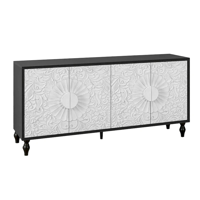 Carved Flower Door Large Storage Sideboard Cabinet with Shelves