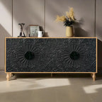 Carved Flower Door Large Storage Sideboard Cabinet with Shelves