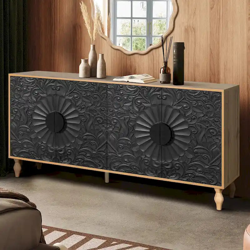 Carved Flower Door Large Storage Sideboard Cabinet with Shelves
