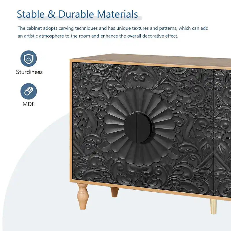 Carved Flower Door Large Storage Sideboard Cabinet with Shelves