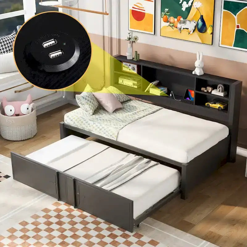 Twin Size Metal Upholstered Daybed w/ Twin Size Trundle Bunk Bed Frame & USB Ports & Storage Shelves Space-Saving, Easy Assembly