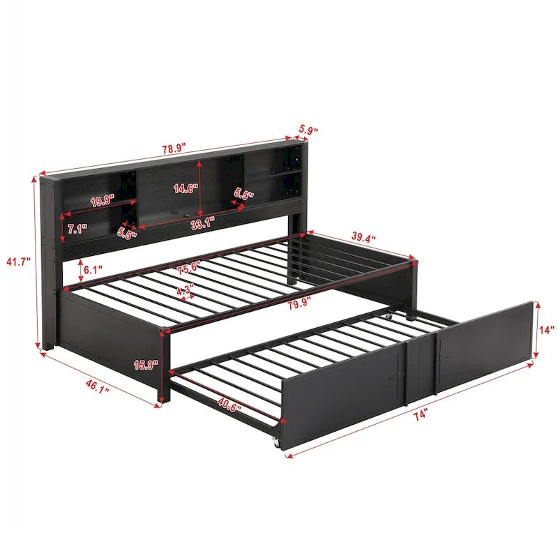 Twin Size Metal Upholstered Daybed w/ Twin Size Trundle Bunk Bed Frame & USB Ports & Storage Shelves Space-Saving, Easy Assembly