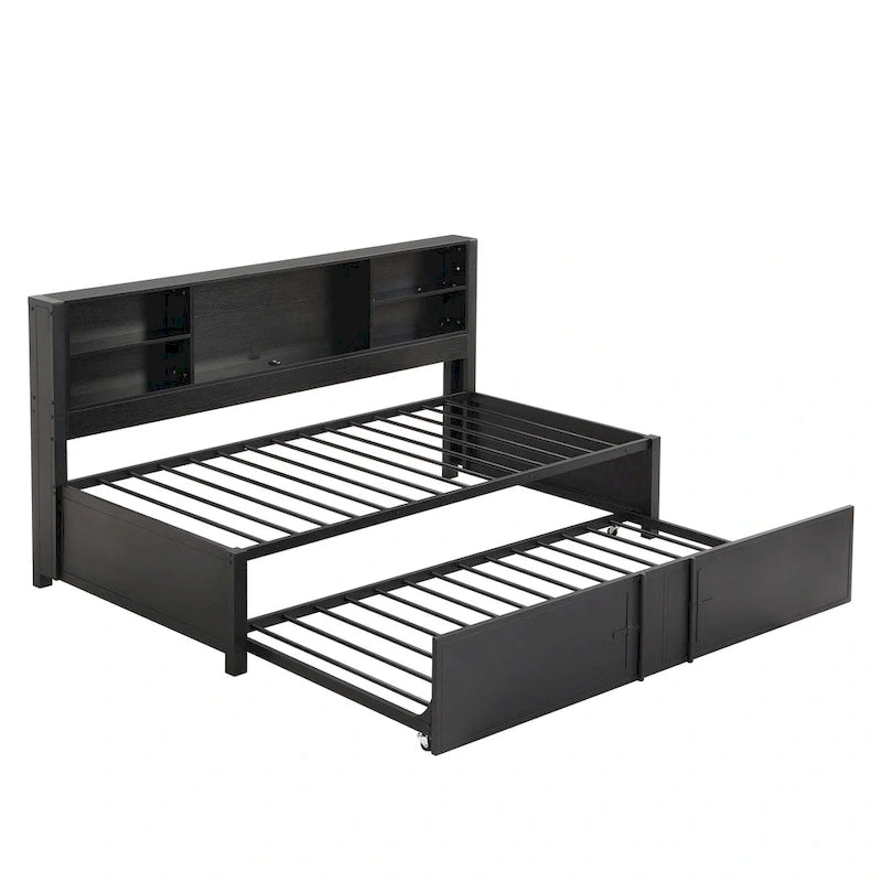 Twin Size Metal Upholstered Daybed w/ Twin Size Trundle Bunk Bed Frame & USB Ports & Storage Shelves Space-Saving, Easy Assembly