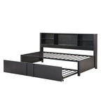 Twin Size Metal Upholstered Daybed w/ Twin Size Trundle Bunk Bed Frame & USB Ports & Storage Shelves Space-Saving, Easy Assembly