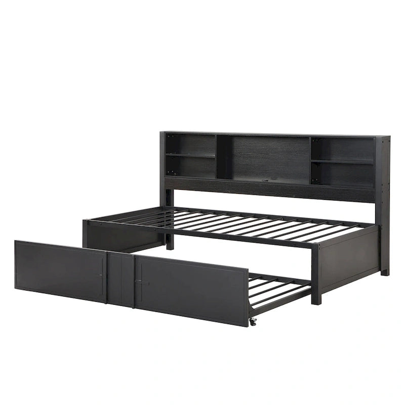 Twin Size Metal Upholstered Daybed w/ Twin Size Trundle Bunk Bed Frame & USB Ports & Storage Shelves Space-Saving, Easy Assembly