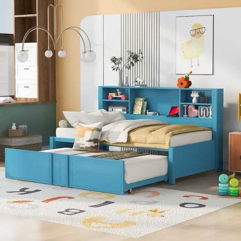 Twin Size Metal Upholstered Daybed w/ Twin Size Trundle Bunk Bed Frame & USB Ports & Storage Shelves Space-Saving, Easy Assembly