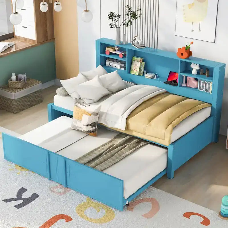 Twin Size Metal Upholstered Daybed w/ Twin Size Trundle Bunk Bed Frame & USB Ports & Storage Shelves Space-Saving, Easy Assembly