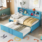 Twin Size Metal Upholstered Daybed w/ Twin Size Trundle Bunk Bed Frame & USB Ports & Storage Shelves Space-Saving, Easy Assembly