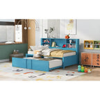 Twin Size Metal Upholstered Daybed w/ Twin Size Trundle Bunk Bed Frame & USB Ports & Storage Shelves Space-Saving, Easy Assembly