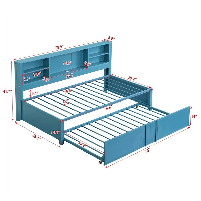 Twin Size Metal Upholstered Daybed w/ Twin Size Trundle Bunk Bed Frame & USB Ports & Storage Shelves Space-Saving, Easy Assembly