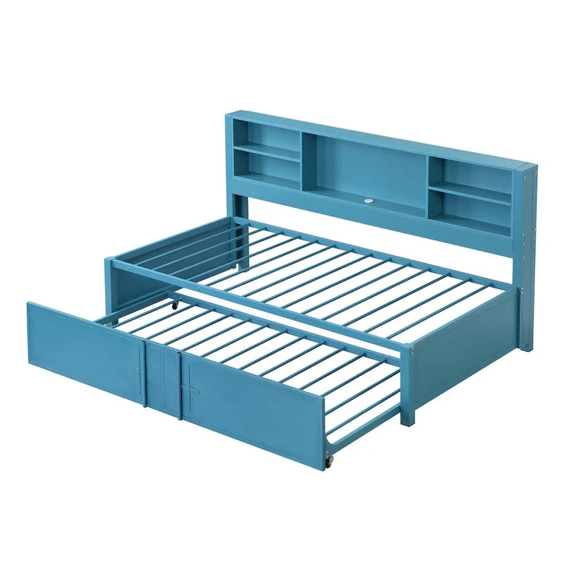 Twin Size Metal Upholstered Daybed w/ Twin Size Trundle Bunk Bed Frame & USB Ports & Storage Shelves Space-Saving, Easy Assembly