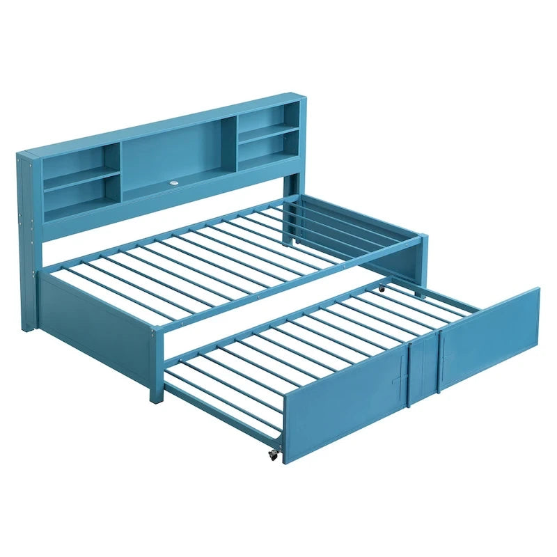 Twin Size Metal Upholstered Daybed w/ Twin Size Trundle Bunk Bed Frame & USB Ports & Storage Shelves Space-Saving, Easy Assembly