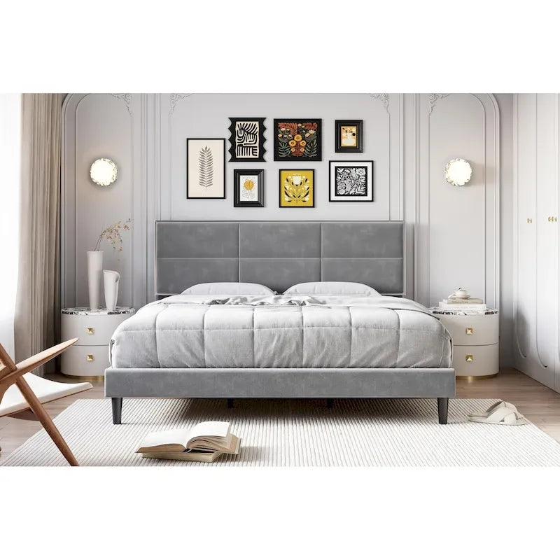 Bed Frame Upholstered Platform with Square Velvet Headboard