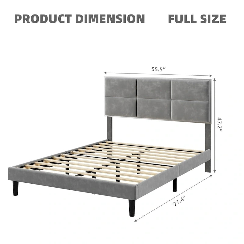 Bed Frame Upholstered Platform with Square Velvet Headboard