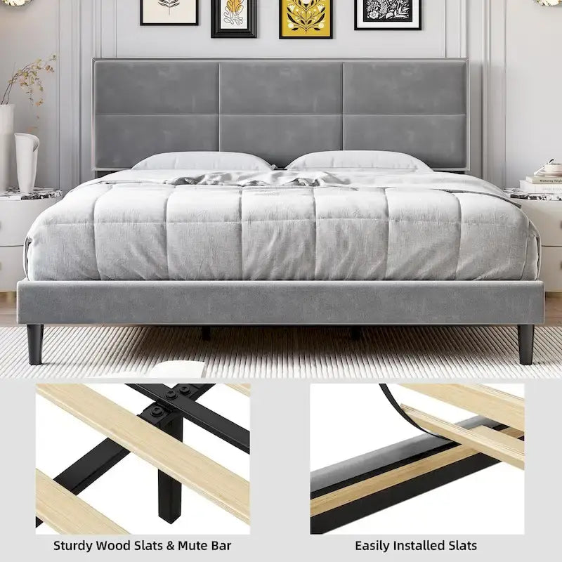 Bed Frame Upholstered Platform with Square Velvet Headboard