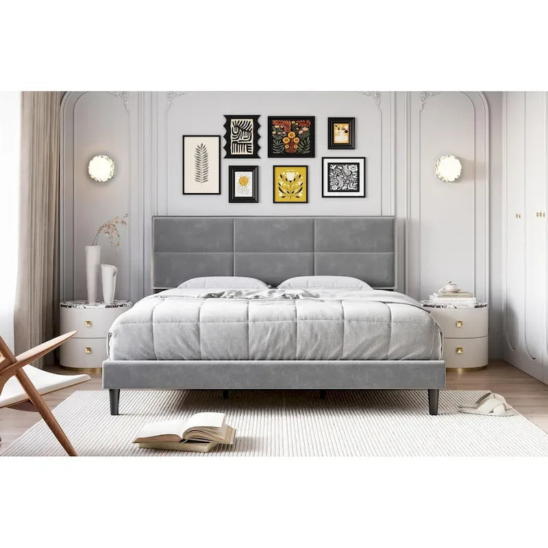 Bed Frame Upholstered Platform with Square Velvet Headboard