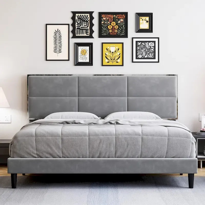 Bed Frame Upholstered Platform with Square Velvet Headboard