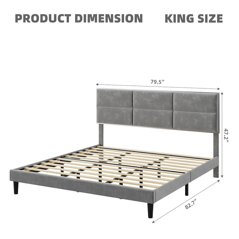 Bed Frame Upholstered Platform with Square Velvet Headboard
