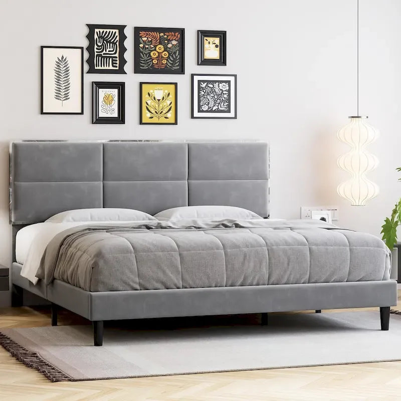 Bed Frame Upholstered Platform with Square Velvet Headboard