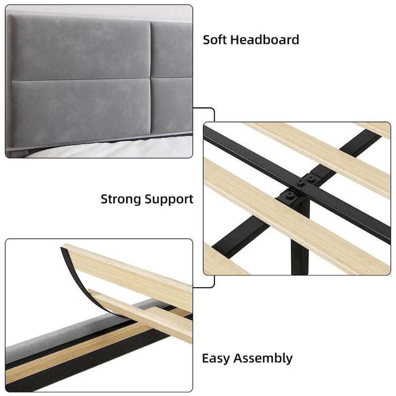 Bed Frame Upholstered Platform with Square Velvet Headboard