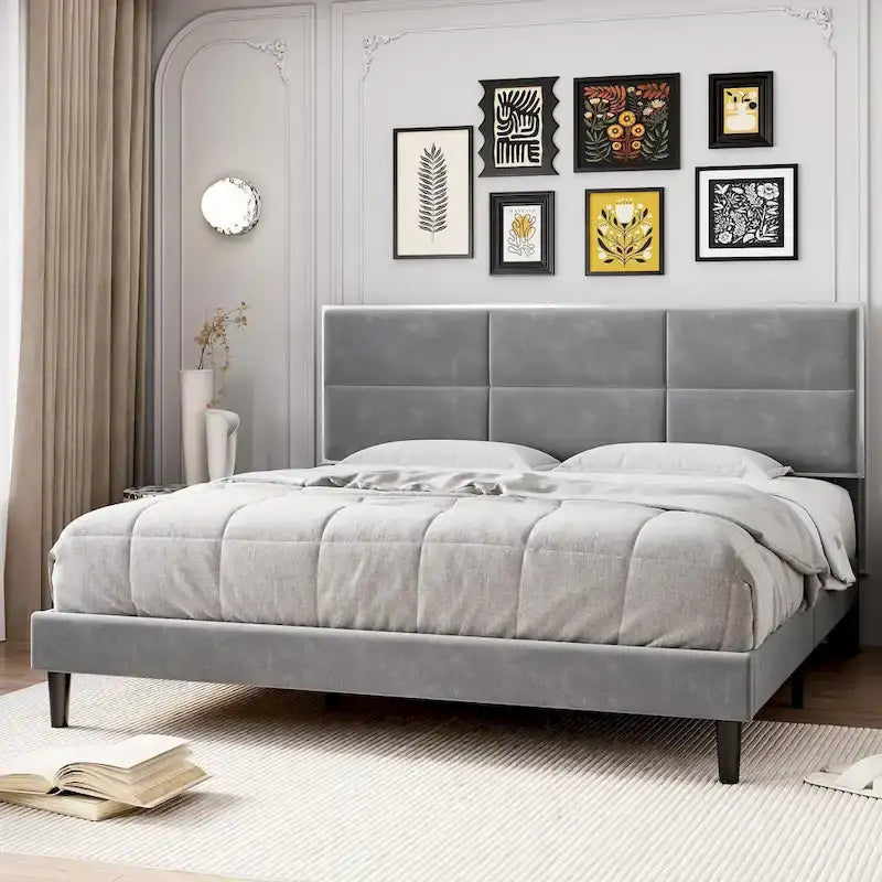 Bed Frame Upholstered Platform with Square Velvet Headboard