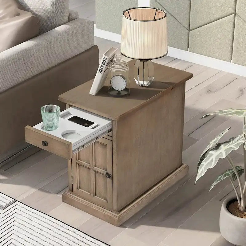 End Table Side Table with USB Ports and One Multifunctional Drawer with cup holders