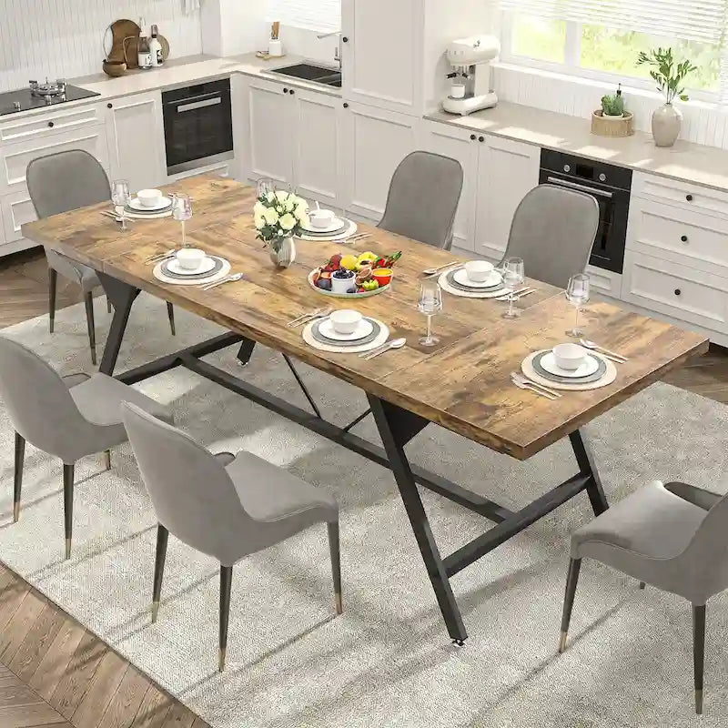 Farmhouse Dining Table for 8 People, 70.8-Inch Rectangular Wood Kitchen Table