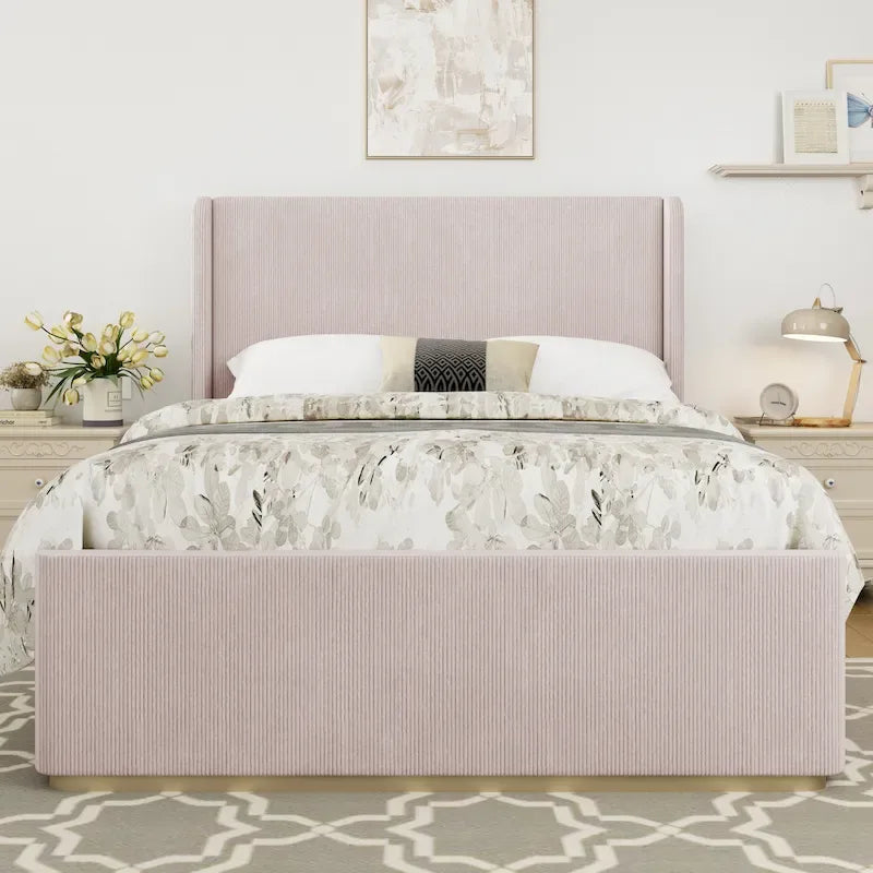 King Size Corduroy Upholstered Bed with 47 Wingback Headboard & Metal/Wood Frame (No Box Spring Needed)