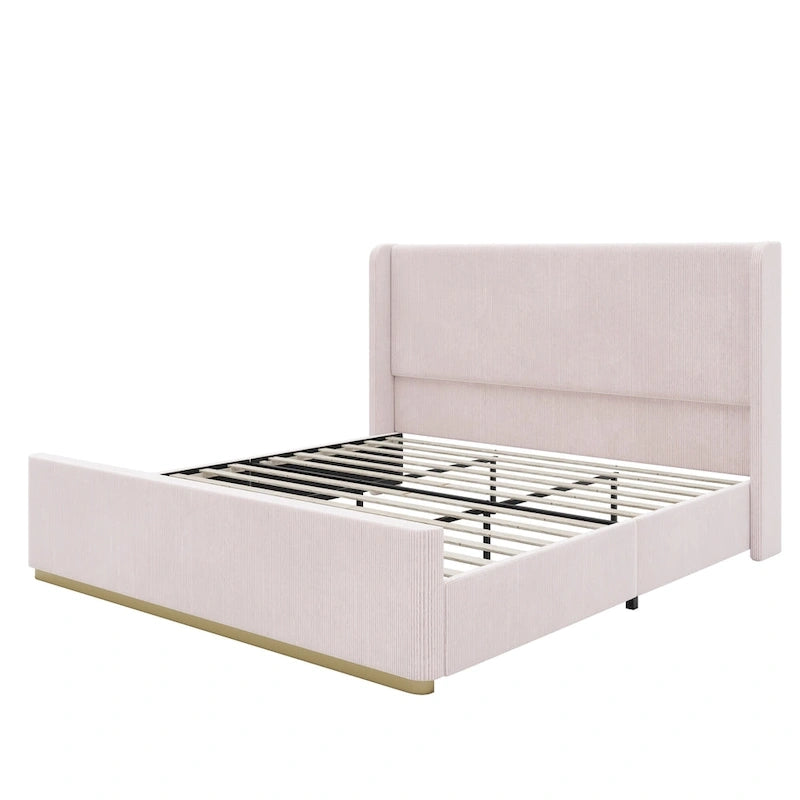 King Size Corduroy Upholstered Bed with 47 Wingback Headboard & Metal/Wood Frame (No Box Spring Needed)