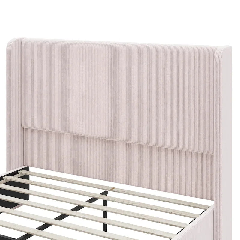 King Size Corduroy Upholstered Bed with 47 Wingback Headboard & Metal/Wood Frame (No Box Spring Needed)
