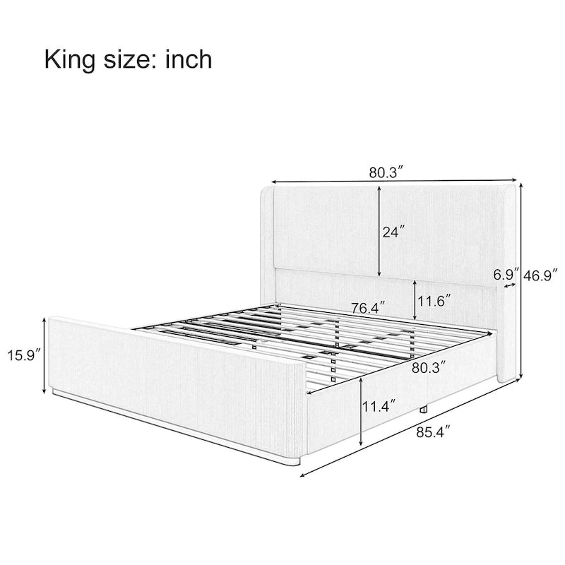 King Size Corduroy Upholstered Bed with 47 Wingback Headboard & Metal/Wood Frame (No Box Spring Needed)