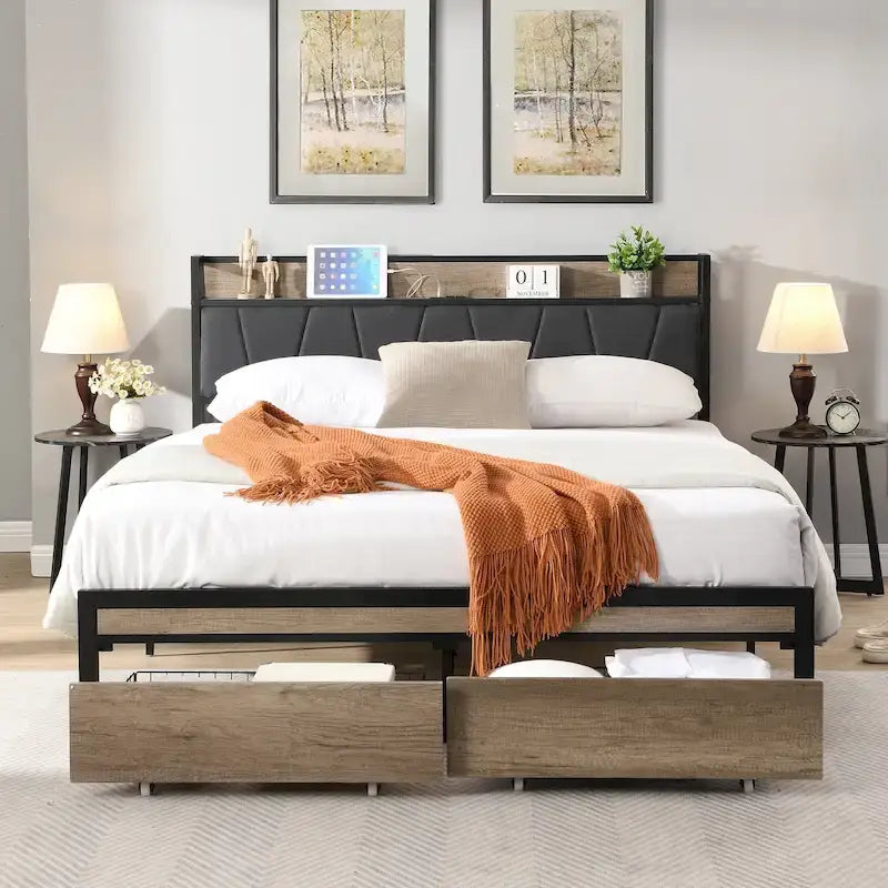 Black+Grey Full Size Metal Bed with Upholstered Storage Headboard and USB