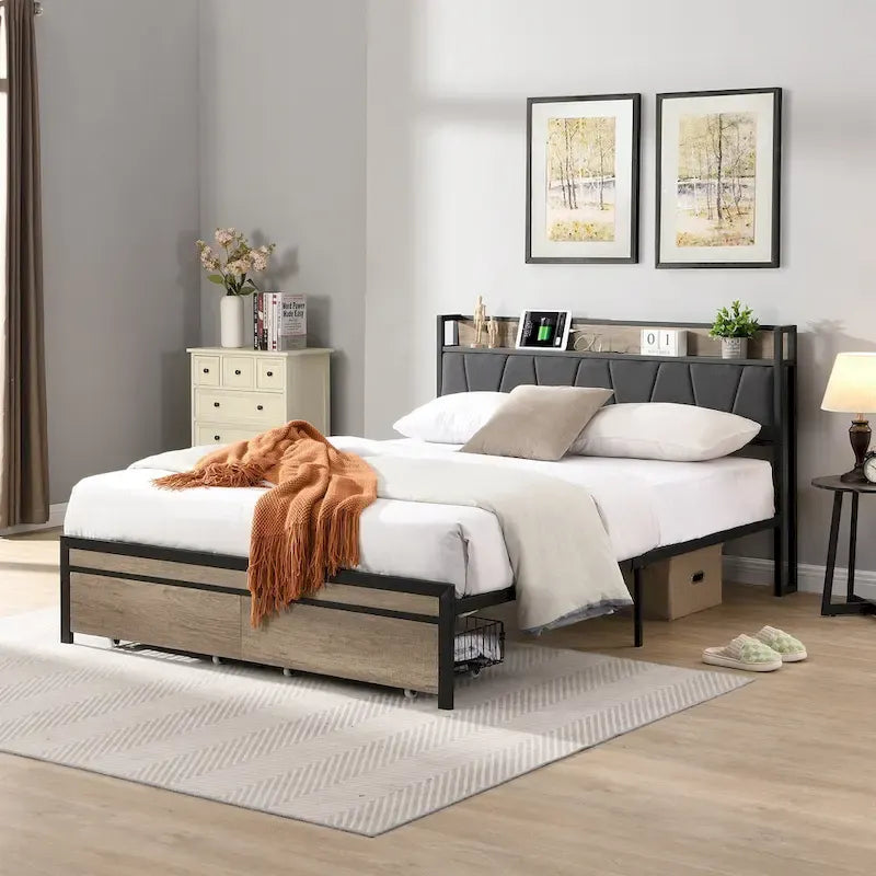 Black+Grey Full Size Metal Bed with Upholstered Storage Headboard and USB