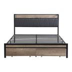 Black+Grey Full Size Metal Bed with Upholstered Storage Headboard and USB