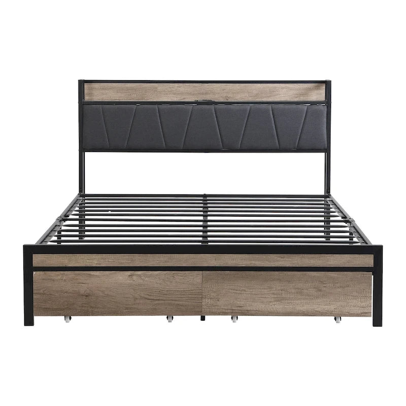 Black+Grey Full Size Metal Bed with Upholstered Storage Headboard and USB