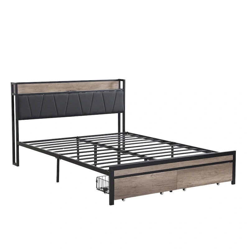 Black+Grey Full Size Metal Bed with Upholstered Storage Headboard and USB