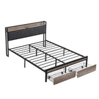 Black+Grey Full Size Metal Bed with Upholstered Storage Headboard and USB