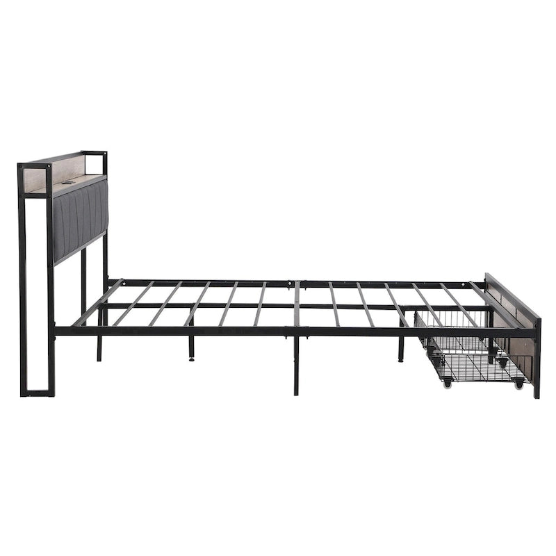 Black+Grey Full Size Metal Bed with Upholstered Storage Headboard and USB