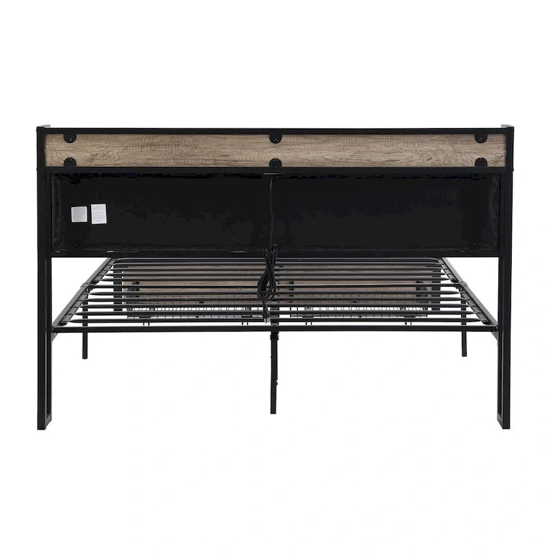 Black+Grey Full Size Metal Bed with Upholstered Storage Headboard and USB