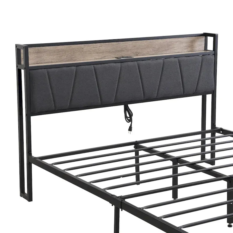 Black+Grey Full Size Metal Bed with Upholstered Storage Headboard and USB