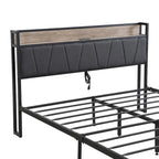 Black+Grey Full Size Metal Bed with Upholstered Storage Headboard and USB