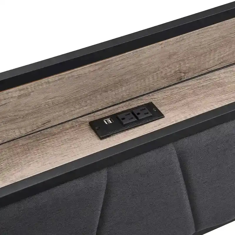 Black+Grey Full Size Metal Bed with Upholstered Storage Headboard and USB