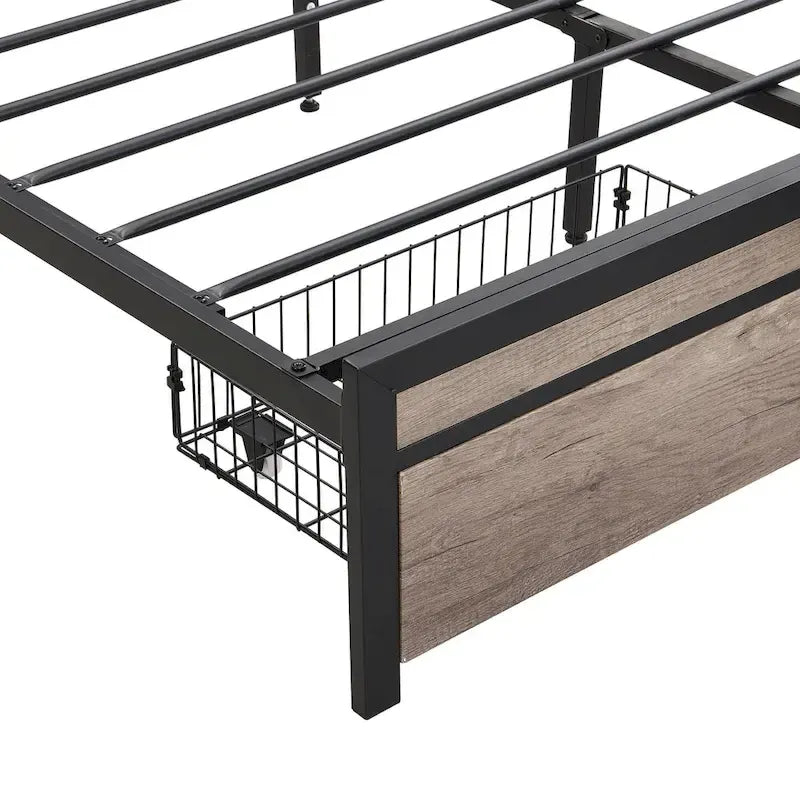 Black+Grey Full Size Metal Bed with Upholstered Storage Headboard and USB