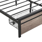 Black+Grey Full Size Metal Bed with Upholstered Storage Headboard and USB