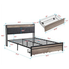 Black+Grey Full Size Metal Bed with Upholstered Storage Headboard and USB