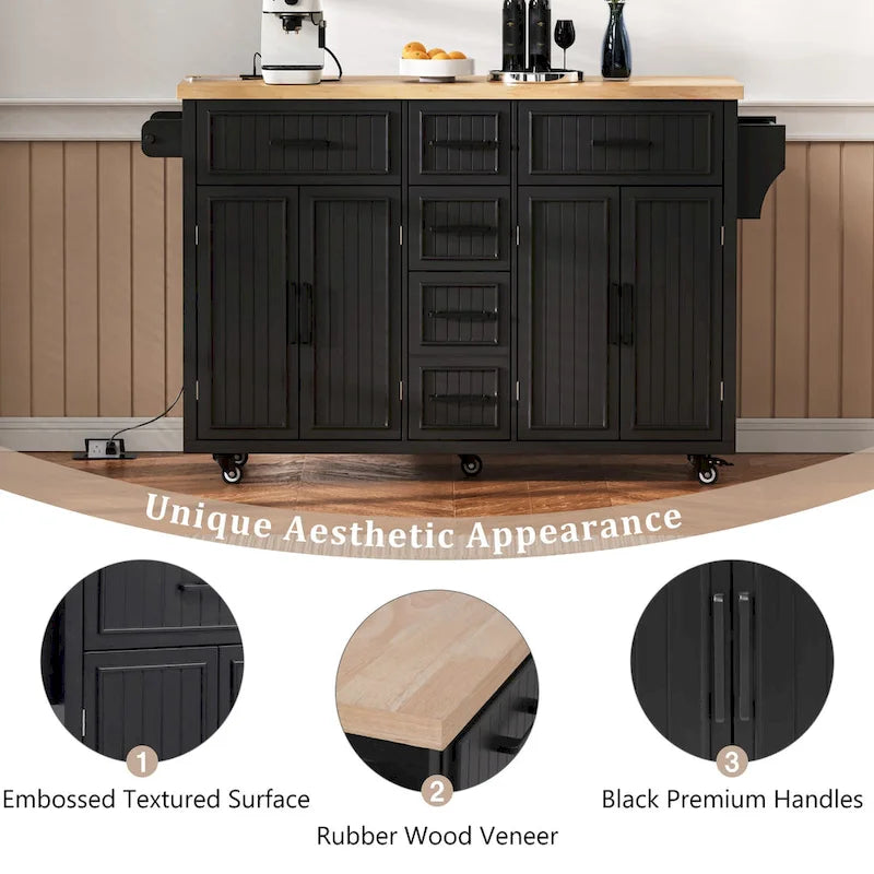 56.5 Kitchen Island with Drop Leaf and Charging Station, Rolling Kitchen Cart on Wheels with Drawers and Adjustable Shelves