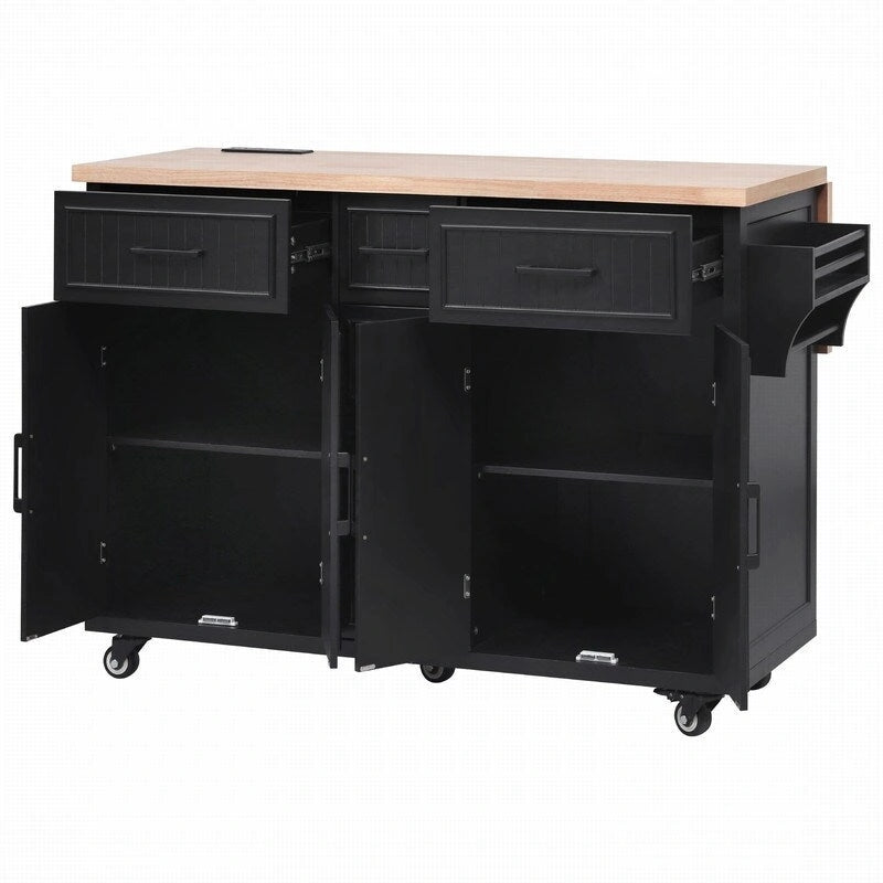 56.5 Kitchen Island with Drop Leaf and Charging Station, Rolling Kitchen Cart on Wheels with Drawers and Adjustable Shelves