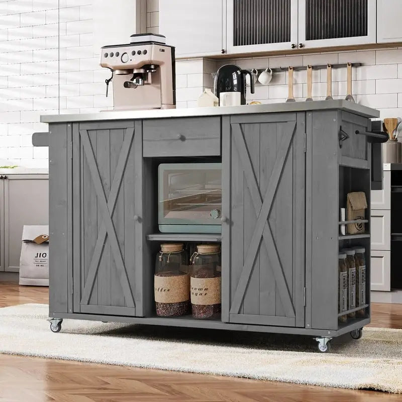 52.25 Outdoor Kitchen Island with Stainless Steel Top, Ample Storage Space, Towel and Spice Racks and a Bottle Opener
